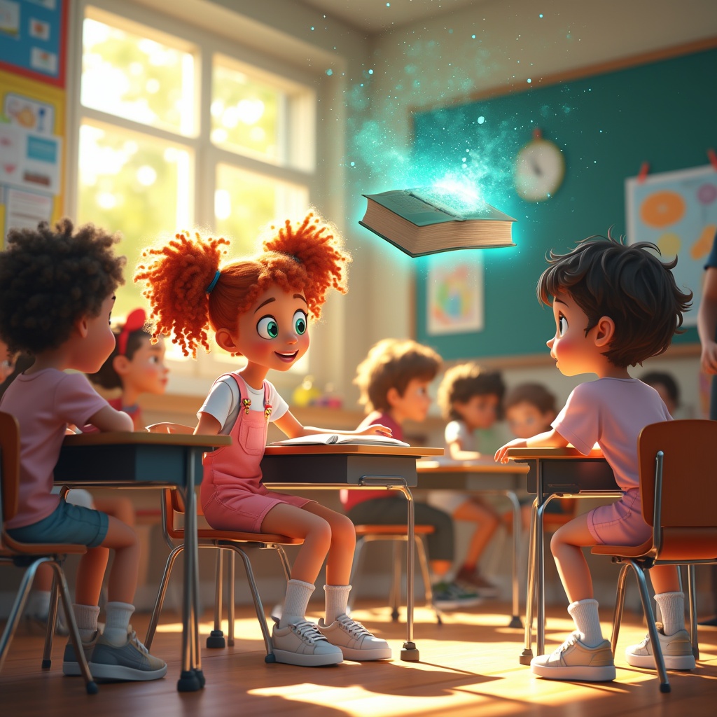 AI generated image by FLUX.1-pro: A lively elementary school classroom during a science lesson. Sunlight streams through large windows, casting a warm glow. Students sit at their desks, engaged in the lesson—until something magical happens!
Liora: A 6-year-old girl with curly red hair in two high pigtails, bright green eyes, wearing a white t-shirt and pink short overalls. She sits at her desk, her eyes wide in shock as a book levitates above her, hands frozen on the desk.
Finn: A 6-year-old girl with short, wavy dark brown hair, big blue eyes, wearing a light pinkish t-shirt and shorts, knee-high white socks, and light-colored sneakers. She is sitting at her desk, her eyes widened in fear, hands slightly raised in panic, unsure of what to do.
Teacher: A calm and observant male teacher standing at the front of the class, arms crossed, analyzing the situation with curiosity rather than fear.
Other Students: Various reactions—some staring in shock, some hiding in fear, while one student in the back is nearly falling off their chair.
The Book: Glowing softly with a mystical blue-green aura, floating and slowly rotating in mid-air. Suddenly, it drops to the desk, making a thud, silencing the entire class.
Classroom Environment: Walls decorated with colorful posters, student projects, and scientific diagrams, illuminated by natural light, creating a vibrant and welcoming atmosphere.