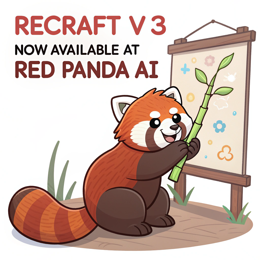 AI generated image by Red Panda AI: a red panda eating a bamboo in front of a poster that says "recraft V3 now available at red panda ai