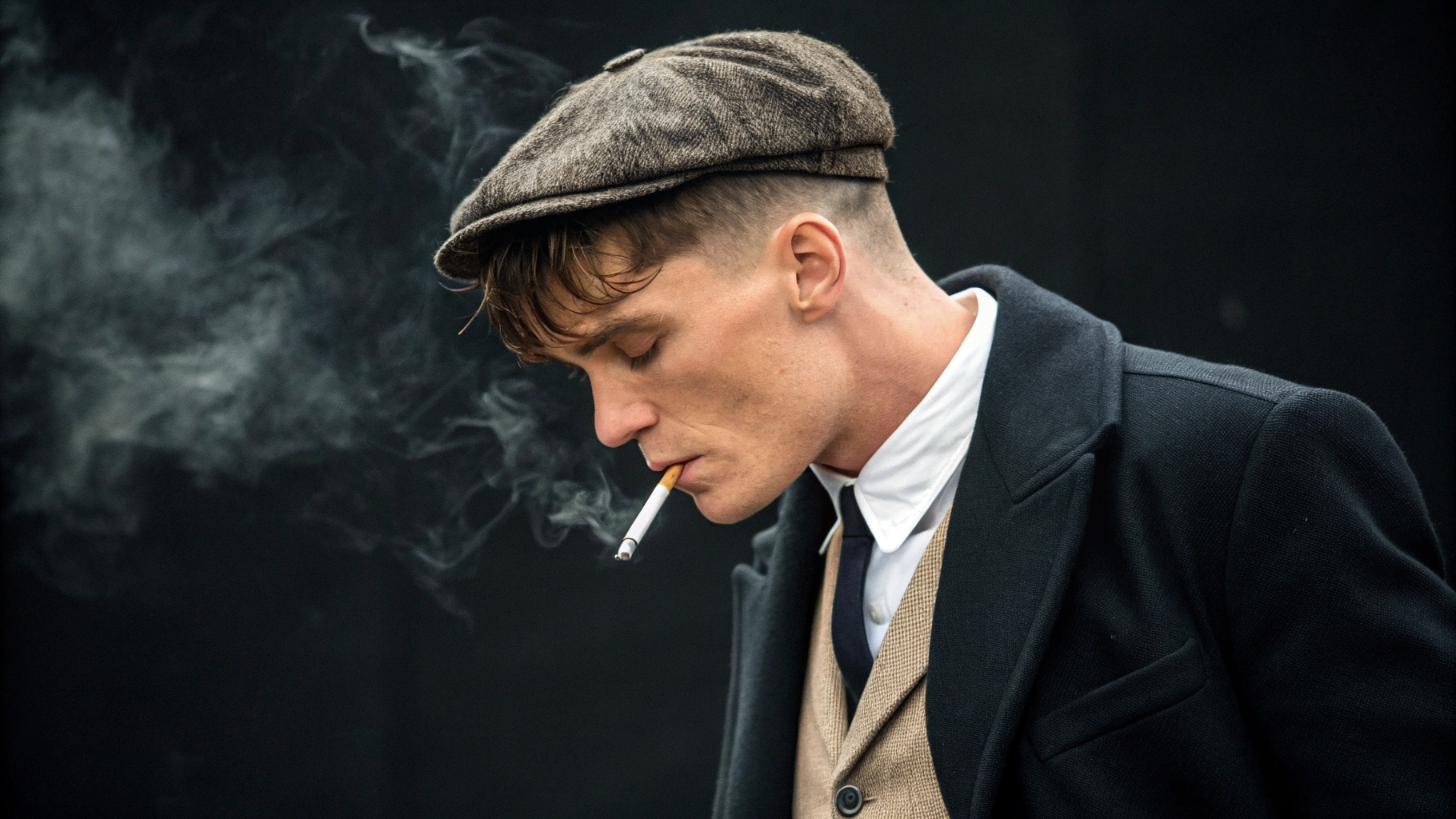 AI generated image by Red Panda AI: Thomas Shelby walking downhead smoking cigarets with black backgorund and smoke around he camera fokus on head front of he
