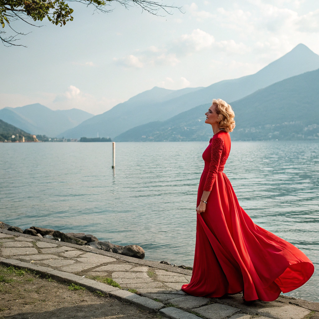 AI generated image by Red Panda AI: Blonde mature lady in long red dress stands by the Lake Lugano in Switzerland.