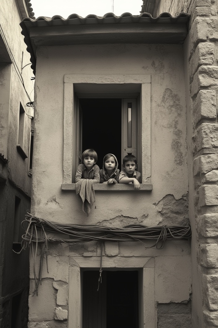 AI generated image by FLUX.1-pro: Generate a nostalgic, black-and-white photo taken in the narrow streets of Mardin, showing children leaning out of a weathered stone window. The image should feature a high grain effect, with visible textures on the walls, laundry hanging nearby, and a Leica-like film look that evokes a warm, authentic atmosphere