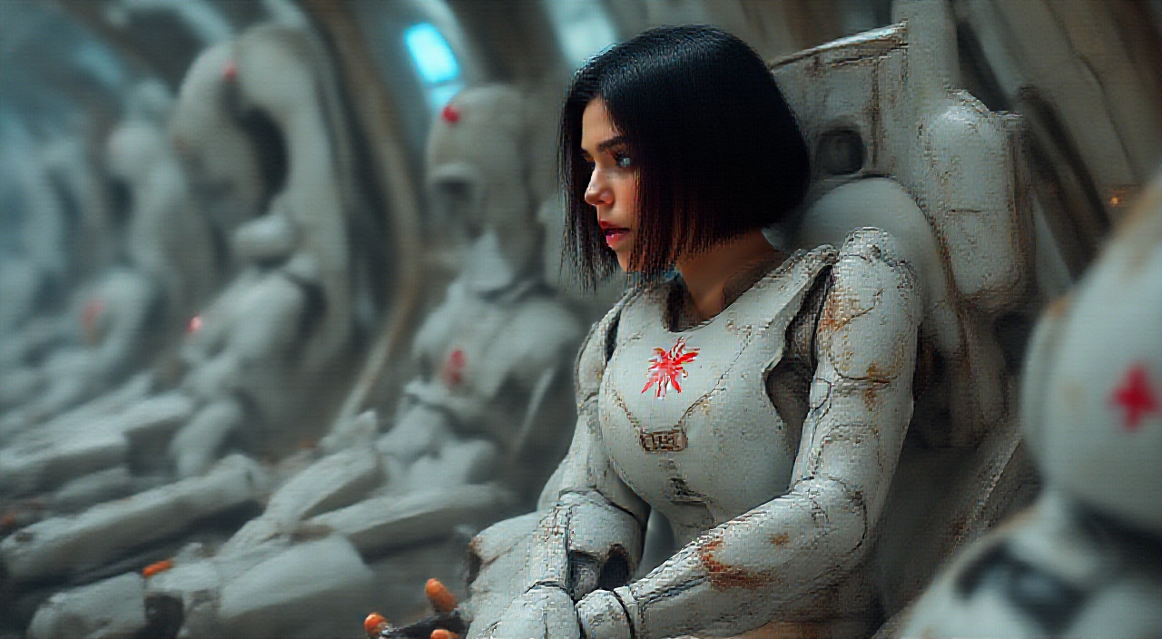 AI generated image by FLUX.1-pro: 4k, (masterpiece:1.3), (photorealism:1.3), (best quality:1.5), insane details, intricate details, hyperdetailed, cinematic lighting,
A realistic wide-angle photograph of a young woman sitting in the cockpit of a fantastic mech robot in a futuristic sci-fi setting. She is slim and curvy, with short black bob hair that is smooth and shiny. Thoughtful tired face, distant look She has blue eyes and a beautiful face with delicate thin lips. Her figure resembles that of a supermodel, but she is not too thin, rather sporty and toned. She wears white high-tech medical armor with a red cross insignia. The armor shows traces of burns, scratches, bullet marks, dust and dirt., The inscription "RIEL" on the armor's shoulder pads, The background shows hangar of fantastic mecha robots with medical symbols, The scene is detailed, with sharp backgrounds showcasing futuristic elements and a high-tech atmosphere
