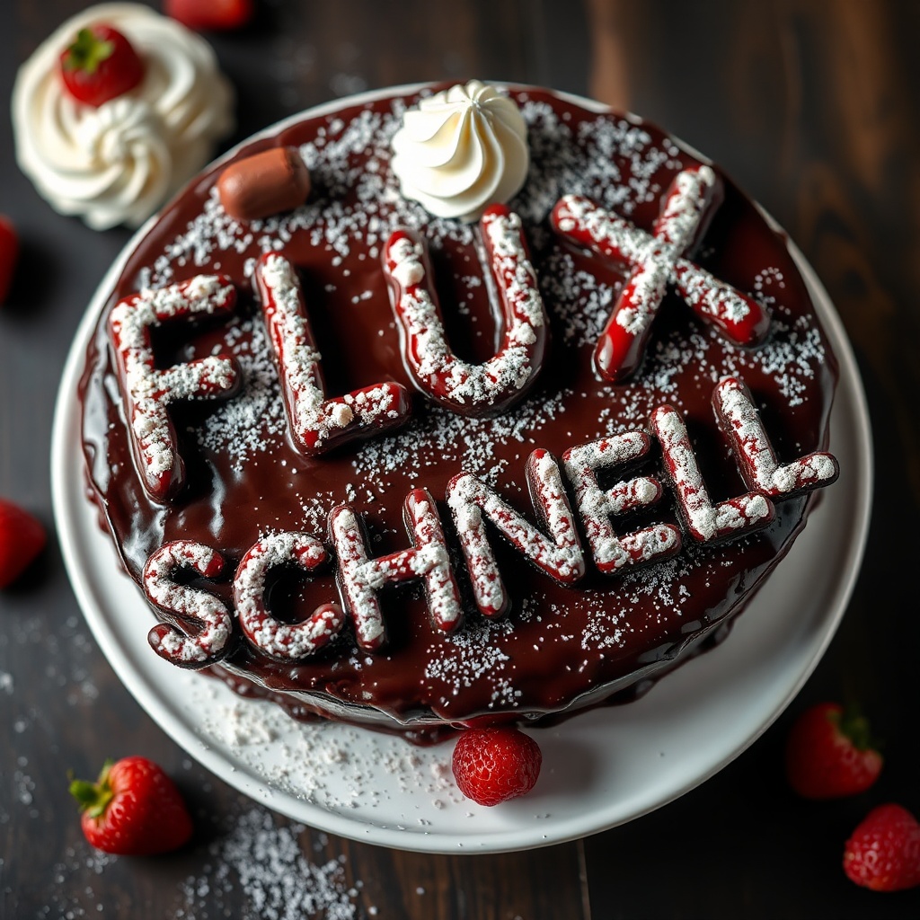AI generated image by FLUX.1-schnell: black forest gateau cake spelling out the words "FLUX SCHNELL", tasty, food photography, dynamic shot