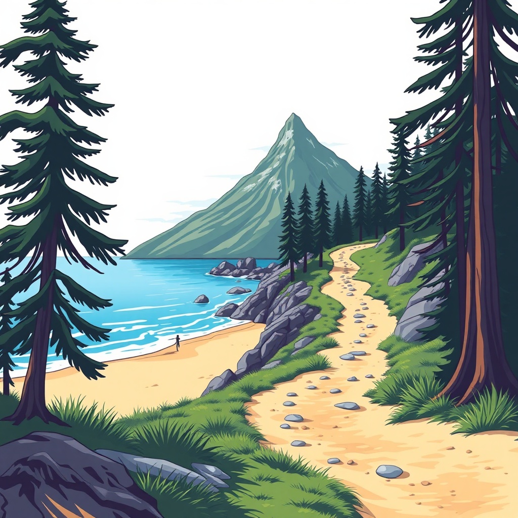AI generated image by FLUX.1-schnell: a one colour vector based illsutration of a beach which leads into a hiking trail which leads to a mountain. the graphic is usable for a travel agency. 2d side view.
