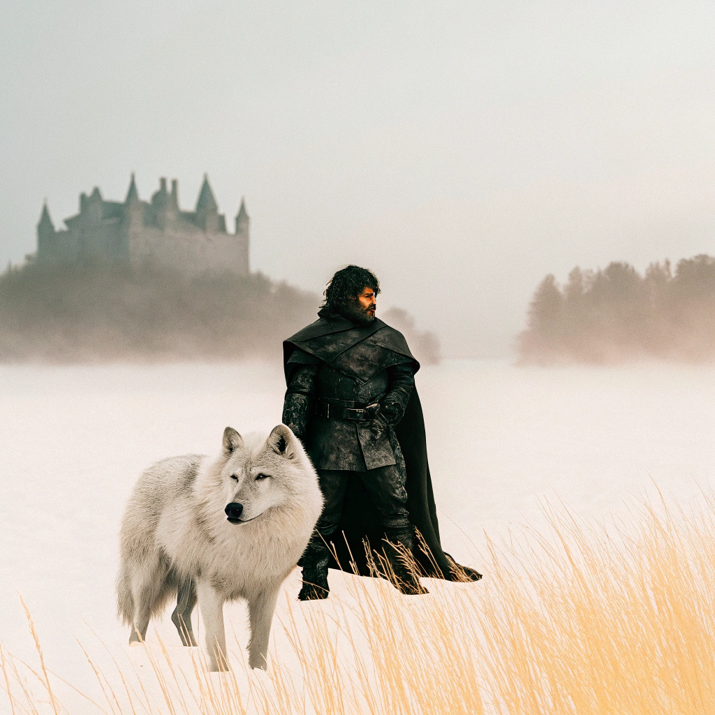 AI generated image by Red Panda AI: Use vivid colors and enhance the image with grain. The style should be reminiscent of an older video game. "A dark, weathered knight clad in battle-worn blackened armor stands solemnly in an eerie marshland at dusk. His cloak, tattered and damp, billows in the cold, whispering wind. Beside him, a massive wolf with piercing amber eyes and a coat streaked with silver and shadow stands alert—fierce yet devoted, exuding loyalty and raw power. In the misty distance, a towering, ancient castle looms, half-shrouded in fog, its jagged spires silhouetted against a brooding overcast sky. The murky marsh reflects twisted trees and glimmers of fading light, casting an otherworldly glow across the hauntingly beautiful landscape."