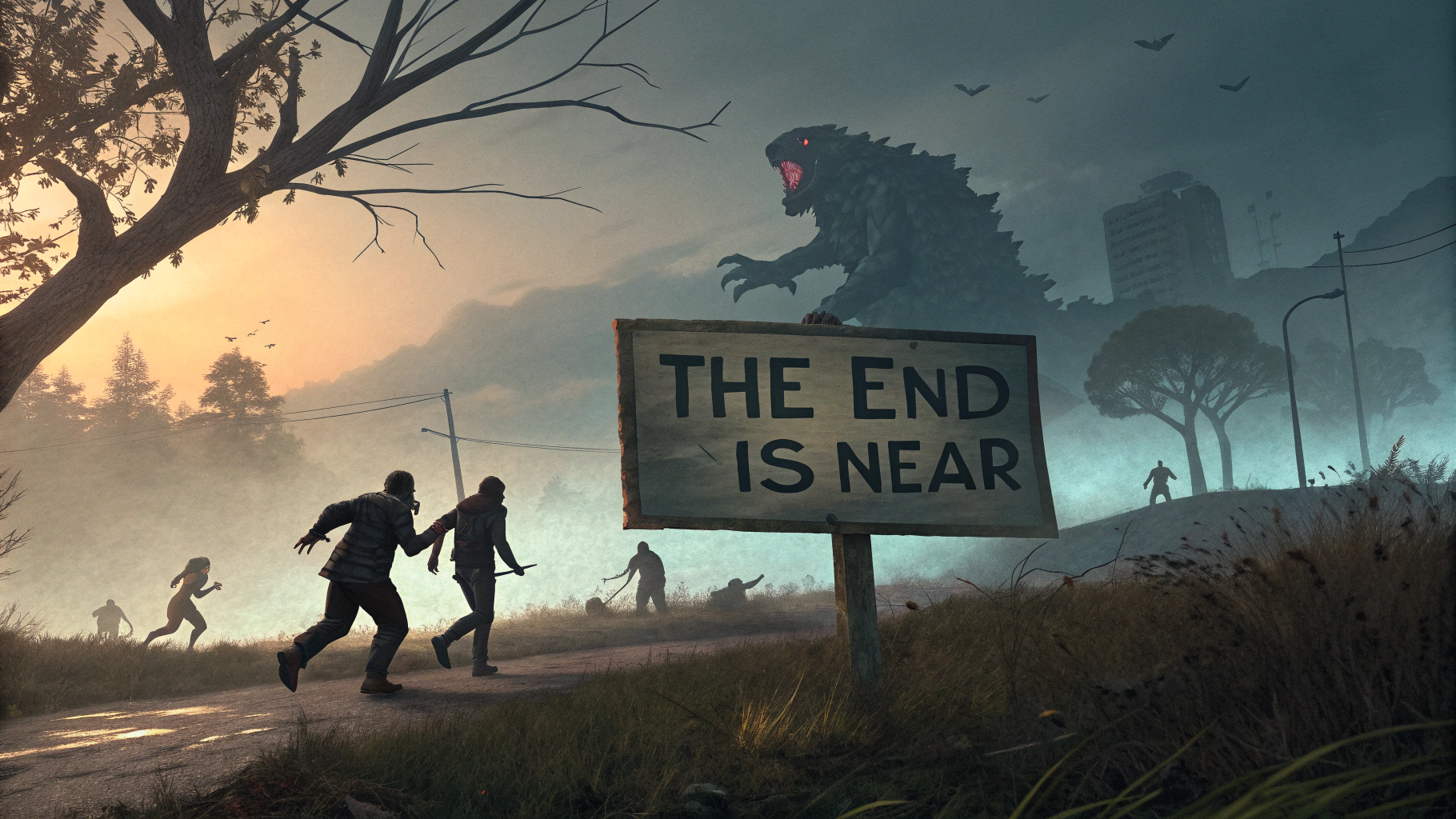 AI generated image by Red Panda AI: Maximum fear, disaster, panic, iconic, scary, spooky, monsters, panic, people scared running in terror, a sign says "The End is Near"