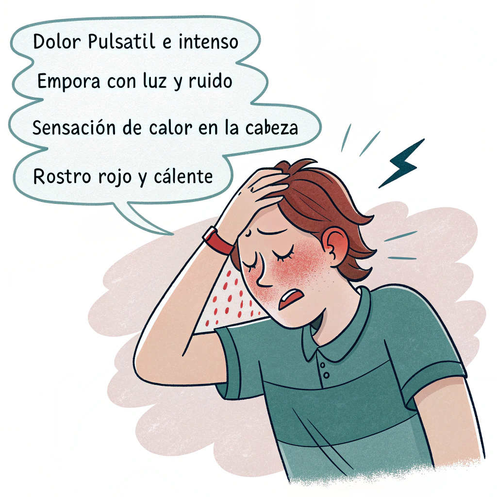 AI generated image by Red Panda AI: Genera una dibujo sencillo en donde una persona presente los siguientes sointomas Dolor pulsátil, intenso, que aparece repentinamente. Empeora con la luz, el ruido y el movimiento. Sensación de calor en la cabeza, con rostro rojo y caliente.