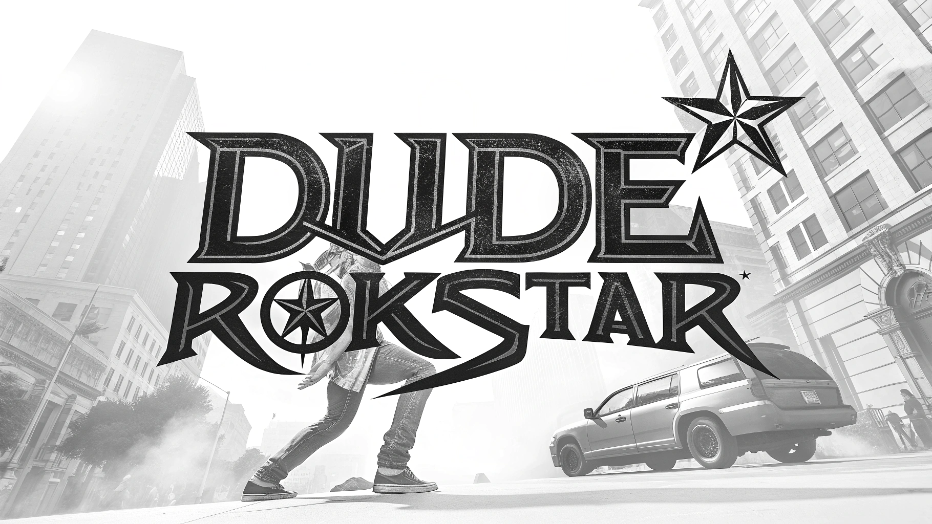 AI generated image by Red Panda AI: "Dude Rokkstar" logo using a heavy metal font, bold, strong, powerful, on white background