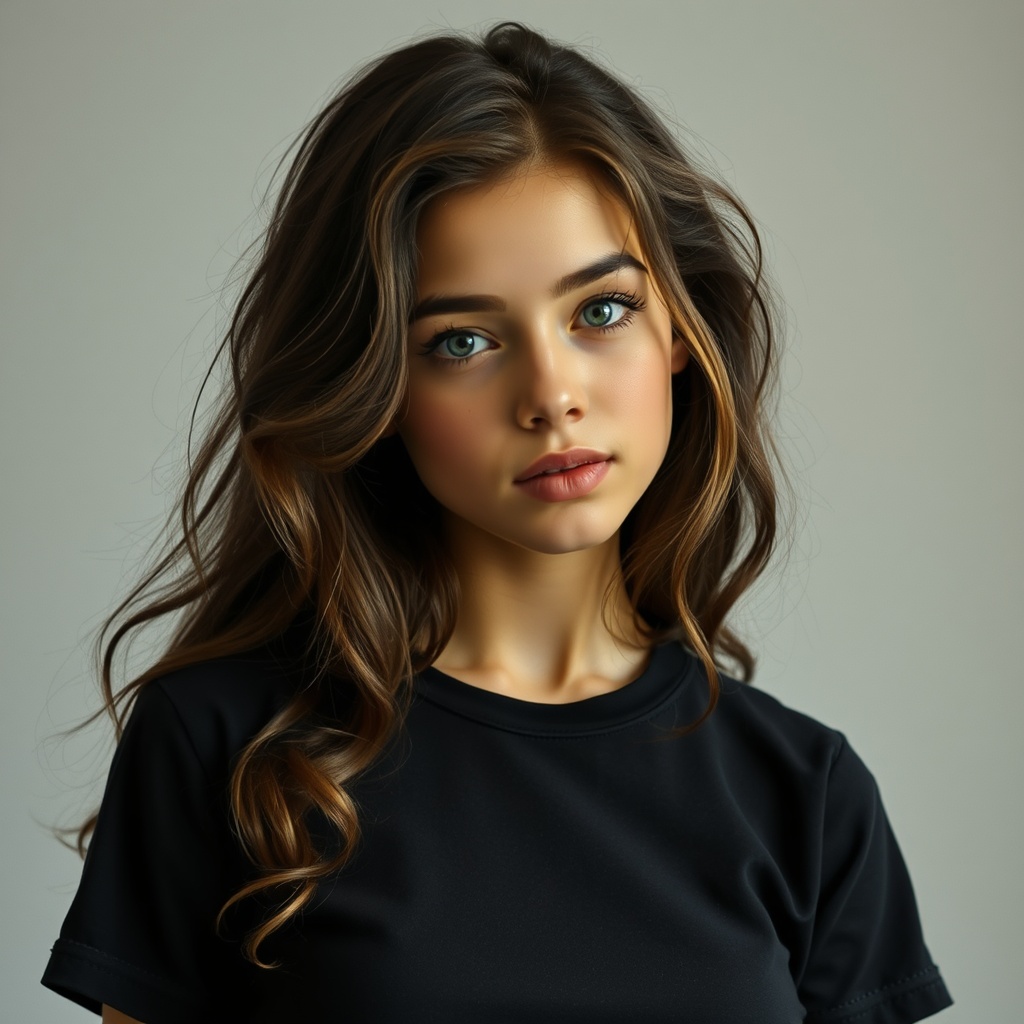 AI generated image by FLUX.1-schnell: Нарисуй девушку предположительно 14 лет с темными волосами и большими карими глазами, довольно милую, которая одета в черную футболку и ещё она держит бумажку маленькую с надписью komaru в стиле минимализм