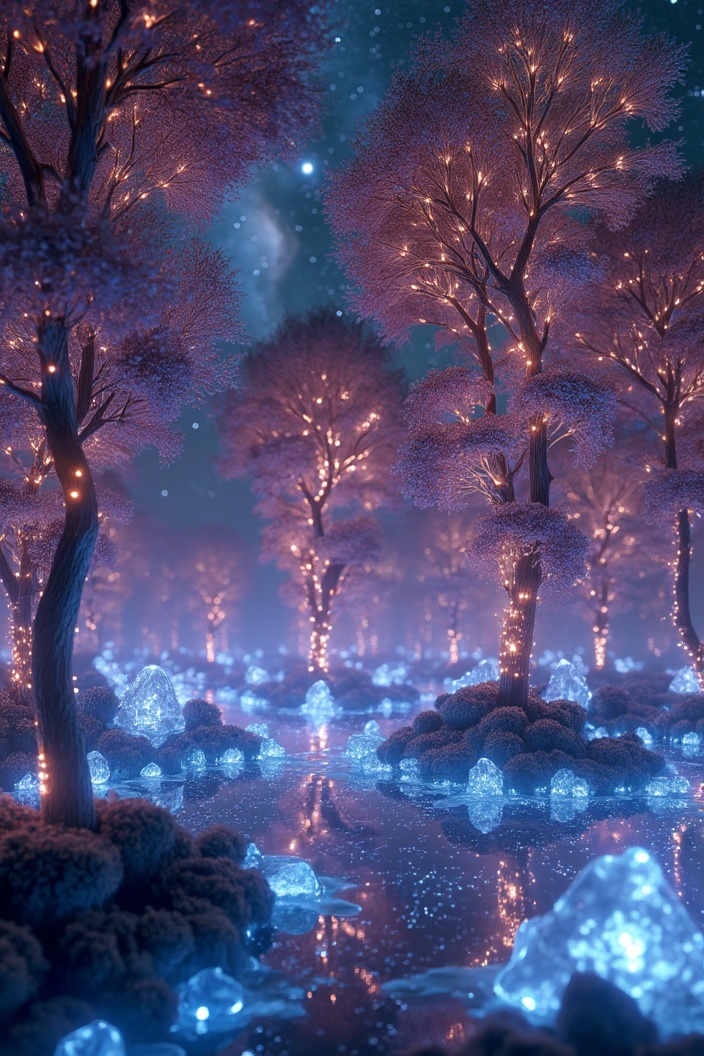 AI generated image by FLUX.1-pro: Imagine a bioluminescent forest at the edge of a nebula, where the trees are made of intricately woven fiber optics pulsating with soft, ethereal light. The ground is covered in crystalline structures that reflect the cosmic dust above. Render this in a dreamlike, hyperrealistic style, with a focus on high detail and intricate textures. The overall mood should be one of serene wonder and technological marvel. Think of a collaboration between nature photography and digital art