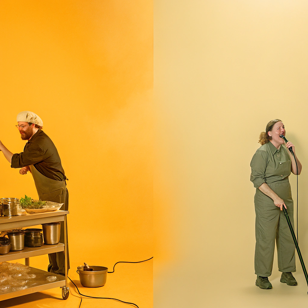 AI generated image by Red Panda AI: Una imagen dividida en tres partes que esté un chef cocinando en la primera parte una camarera de habitaciones en la segunda parte y un animador de espectáculos en la tercera parte
