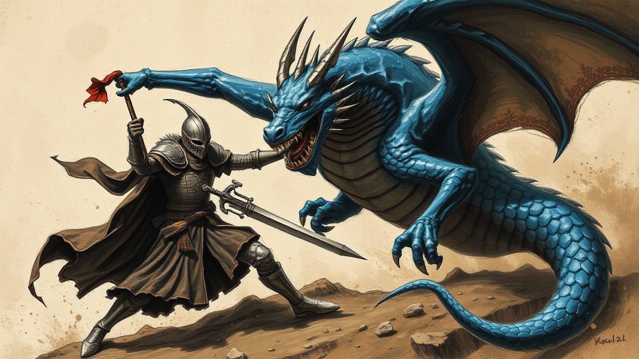 AI generated image by FLUX.1-schnell: A Erol Otus illustration of a knight battling a blue dragon, primitive, untrained painting style with broad brush strokes, long lithe figures, smooth textures, twisted forms, dark and esoteric, strong colors, with less details.