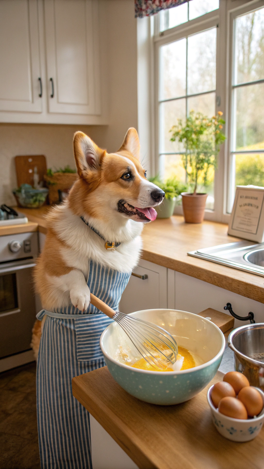 AI generated image by Red Panda AI: anthropomorphic standing corgi wearing an apron whisking raw eggs in a bowl in an American suburban kitchen during the daytime