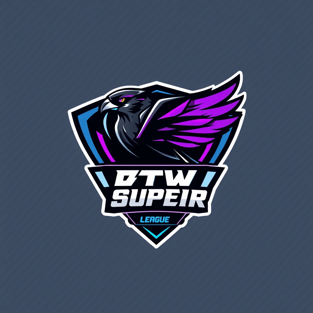 AI generated image by FLUX.1-schnell: A professional esports logo for "BTW Super League", featuring a stylized peregrine falcon in aggressive dive posture combined with drone propeller elements. Dark metallic color scheme with neon purple and cyan accents. Sharp geometric shapes, carbon fiber texture background. The logo should convey speed, power and elite competition. Minimalist design with "SUPER" or "S" emblem integrated. High resolution, 3D rendering style, suitable for championship branding.