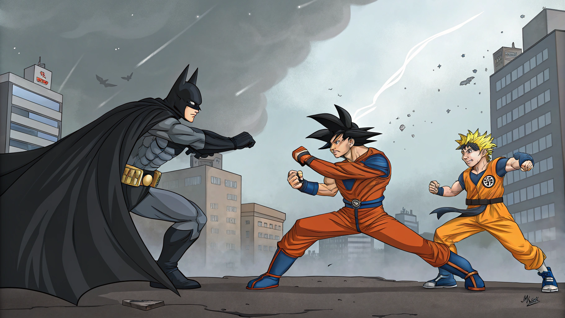 AI generated image by Red Panda AI: Desenha o Batman lutando sozinho contra Luffy, Goku e Naruto