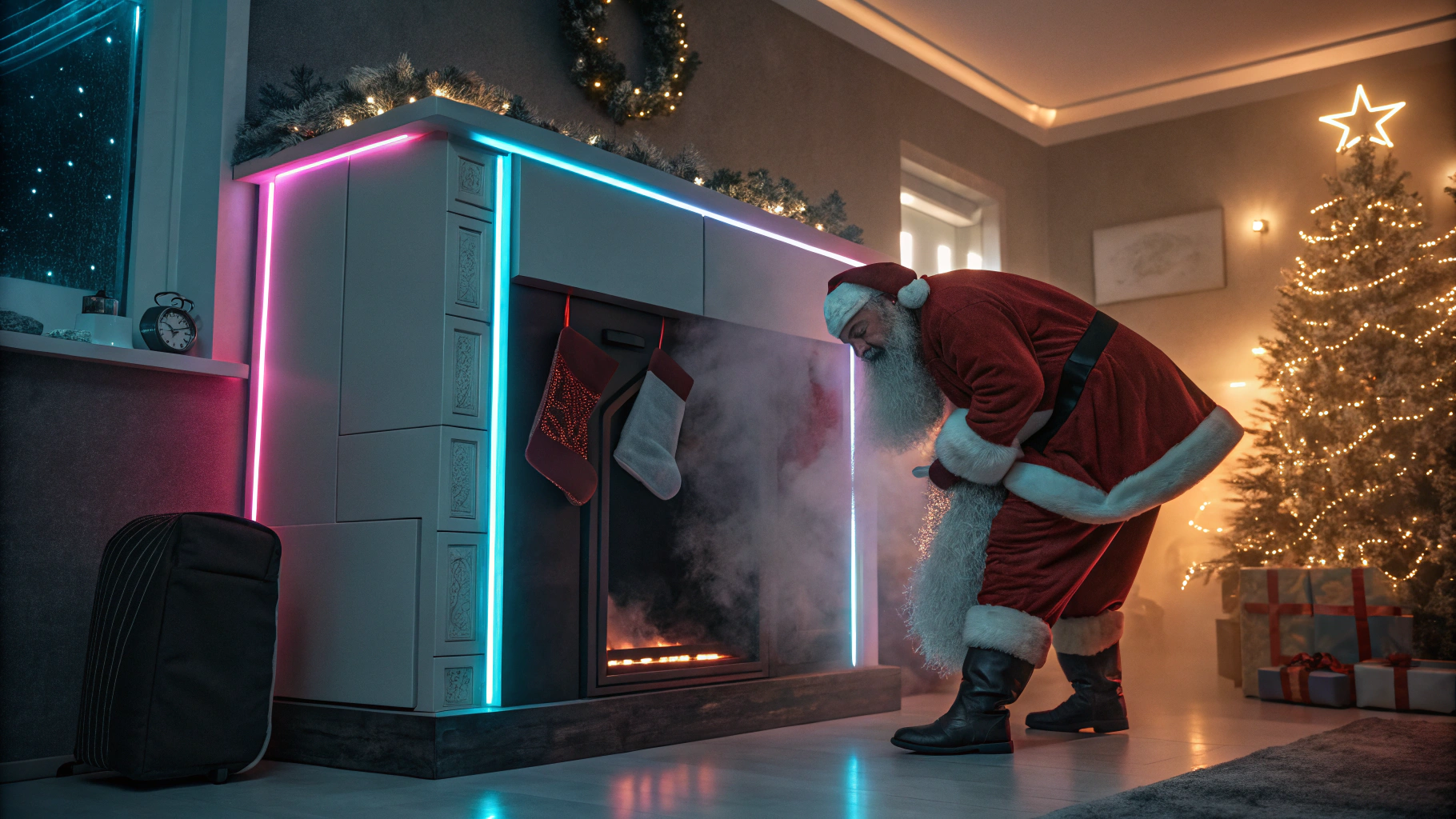 AI generated image by Red Panda AI: Digital artwork, a humorous and chaotic scene of Santa Claus emerging from a futuristic high-tech fireplace, his red suit smudged with black soot and dust from the chimney. Santa looks slightly disheveled, with an exasperated expression as he tries to dust himself off. The fireplace is sleek and modern, with glowing neon accents in shades of blue and pink, contrasting with the traditional holiday decor around it, such as stockings hanging from the mantle and festive garlands. The room is illuminated by the warm glow of the fireplace and vibrant cyberpunk-style lights, blending the charm of the holidays with a futuristic aesthetic