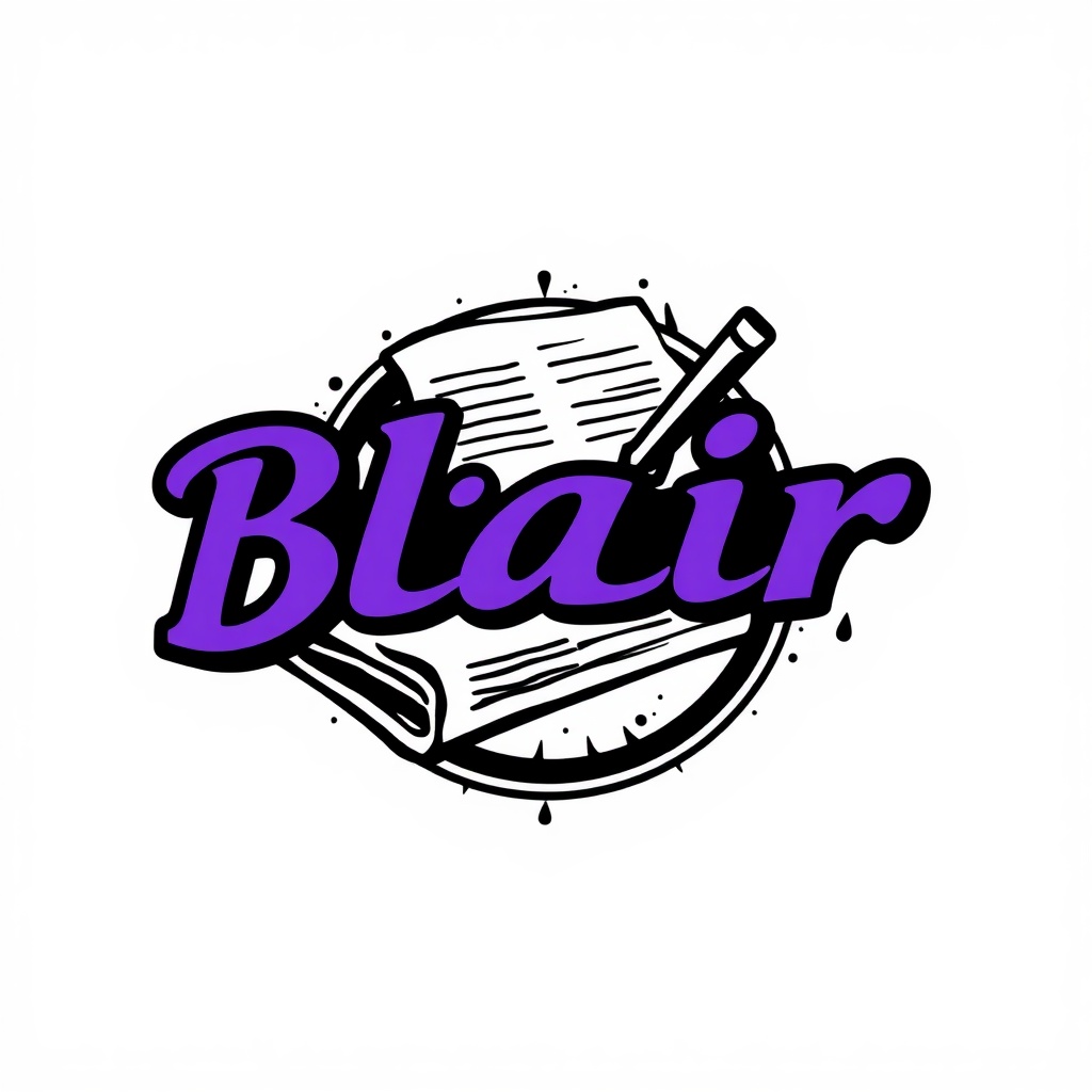 AI generated image by FLUX.1-schnell: Logo for a blair, nebraska newspaper with a newspaper or writing theme called "BlairToday". Using colors of purple and black are good. The logo should be on white background