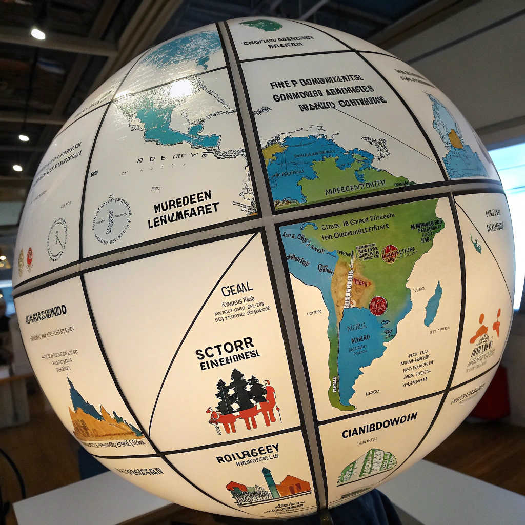 AI generated image by Red Panda AI: Imagen de un globo terráqueo dividido en seis partes en la que una represente el conocimiento geográfico e histórico, otra el sector primario, otra el sector secundario, otra el terciario, otra la economÃa y otra los problemas medioambientales