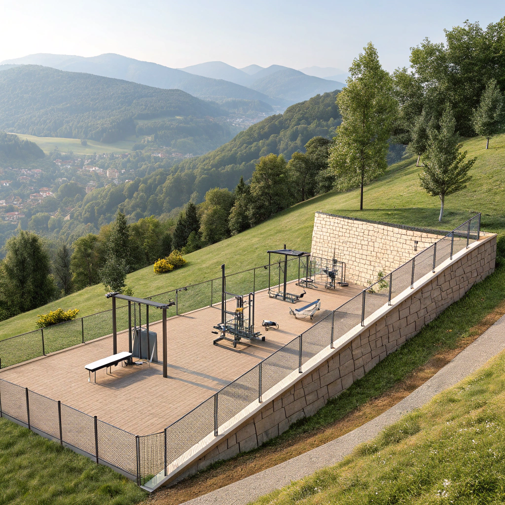 AI generated image by Red Panda AI: Create an image of an outdoor gym located in a park on a slope. A retaining wall with fill has been made to create a flat surface in the park. The gym will be located at the edge of the wall, offering a panoramic view of the mountains.