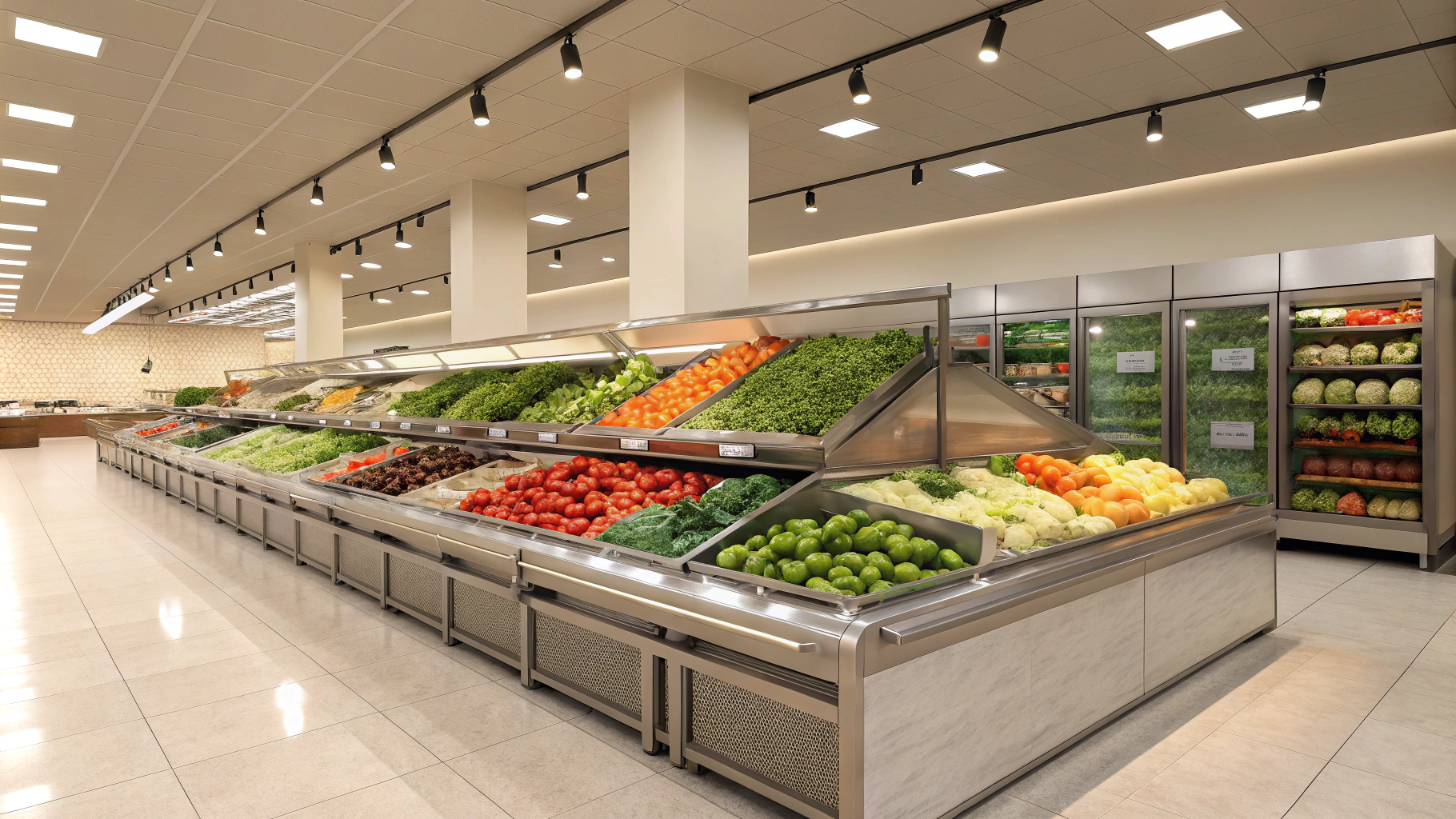 AI generated image by Red Panda AI: professional photography of a clean, well-lit grocery store produce section, neutral perspective, stainless steel display bins containing mixed fresh vegetables, soft overhead lighting, photojournalistic style, 4k, high detail, muted colors, fluorescent store lighting, wide angle lens, depth of field