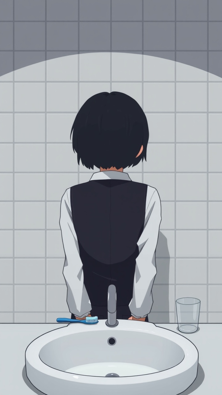 AI generated image by FLUX.1-schnell: Omocat's omori game artstyle, The image depicts a young person standing behind a bathroom sink facing the camera, their expression somber. Sink faces away. Their dark hair is neatly styled, and they are dressed in a white shirt with a dark vest. The tiled walls behind them are plain and featureless, creating a sense of isolation. The only other elements in the scene are a toothbrush and a glass on the counter, suggesting a routine that the individual may find difficult to engage in. The overall mood of the image is melancholic, hinting at a sense of loneliness or sadness. The subdued colors and minimalist composition further contribute to the somber atmosphere. The image leaves room for interpretation, inviting viewers to consider the inner thoughts and feelings of the subject.