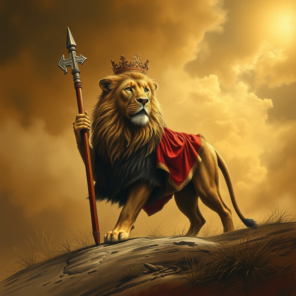 AI generated image by FLUX.1-schnell: A lion as soldier or a king