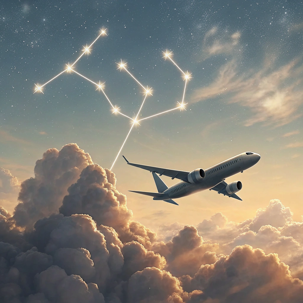 AI generated image by Red Panda AI: 飛機飛過,雲朵是射手座的圖案