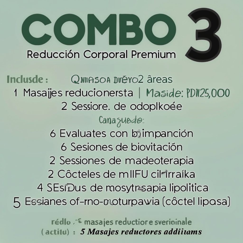 AI generated image by FLUX.1-pro: Combo 3 - Reducción Corporal Premium
Precio: RD$12,500
Incluye:
6 Masajes reductores (2 áreas).
1 Evaluación con bioimpedancia.
2 Sesiones de cavitación.
6 Sesiones de maderoterapia.
2 Cócteles de mesoterapia lipolítica.
2 HIFU corporal (2 áreas).
5 Sesiones de mesoterapia lipolítica (cóctel lipasa).
Regalo:
5 Masajes reductores adicionales.