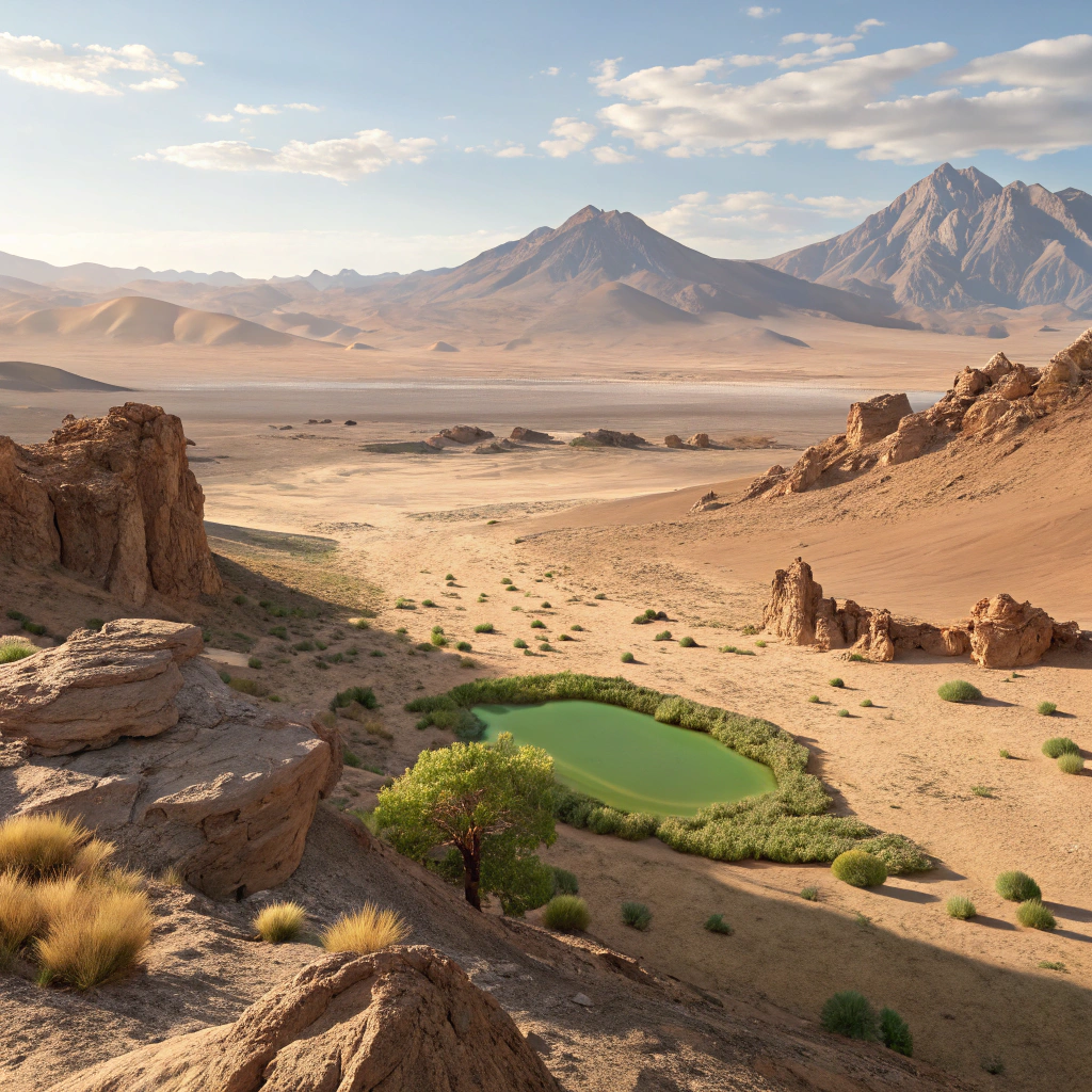 AI generated image by Red Panda AI: Imagen: Un paisaje del desierto de Atacama con montañas lejanas y un pequeño oasis verde con un charquito de agua al estilo pixar en 3d