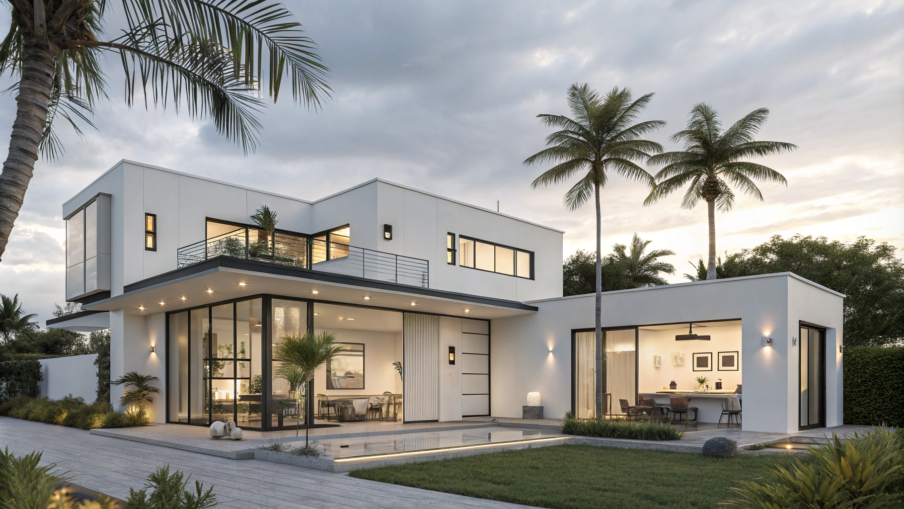 AI generated image by Red Panda AI: a facade of An architectural futuristic medium home with a sleek and modern exterior, tiny windows, white color theme, tropical local, a large open floor plan design that includes a living room, dining area, a black steel frame structure construction super resolution, megapixel, cinematic lighting, anti-aliasing, FKAA, TXAA, RTX, SSAO, post-processing, post-production, tone mapping, CGI, VFX, SFX, intricate detail, extremely high detail, hypermaximalist, hyperrealistic, volumetric, photorealistic, ultraphotorealistic, ultra Detailed, intricate details, 8K, super detailed, vivid colors, volumetric lighting, HDR, realistic, unreal engine, 16K, sharp focus