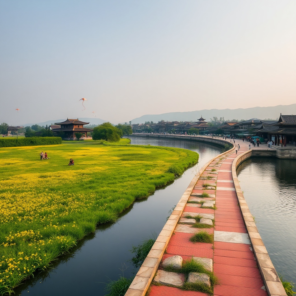 AI generated image by FLUX.1-schnell: A medium river stretches from north to south, there is a land and water wharf on the right side of the river, and the wharf has a sidewalk paved with red sand and stone from low to high leading to a thousand-year-old town dominated by the Chinese Hui school architectural style, with shops and houses on both sides of the road; To the left of the river is a meadow full of green grass and yellow flowers; There are several Mongolia buns on the grass, people flying kites on the grass, barbecue, real image, HD 8K