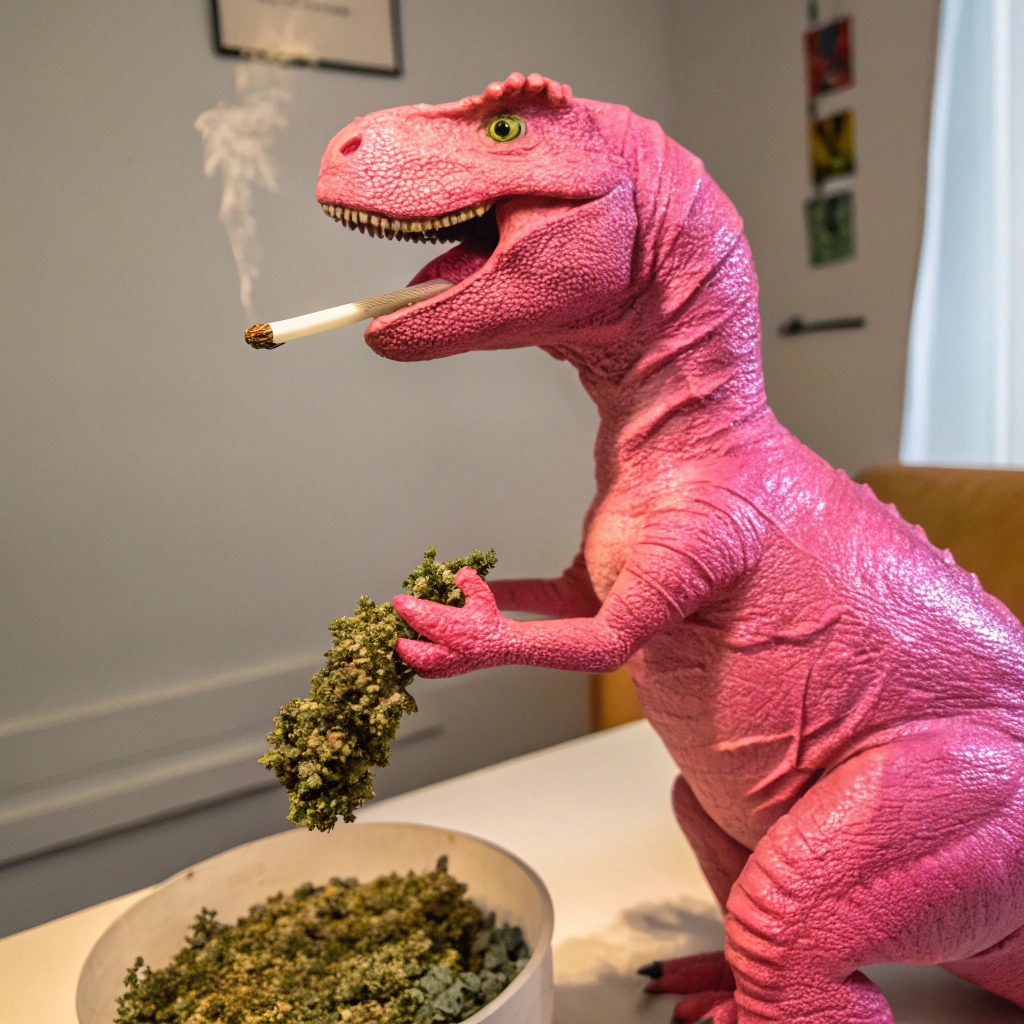 AI generated image by Red Panda AI: dinossauro rosa, fumando maconha
