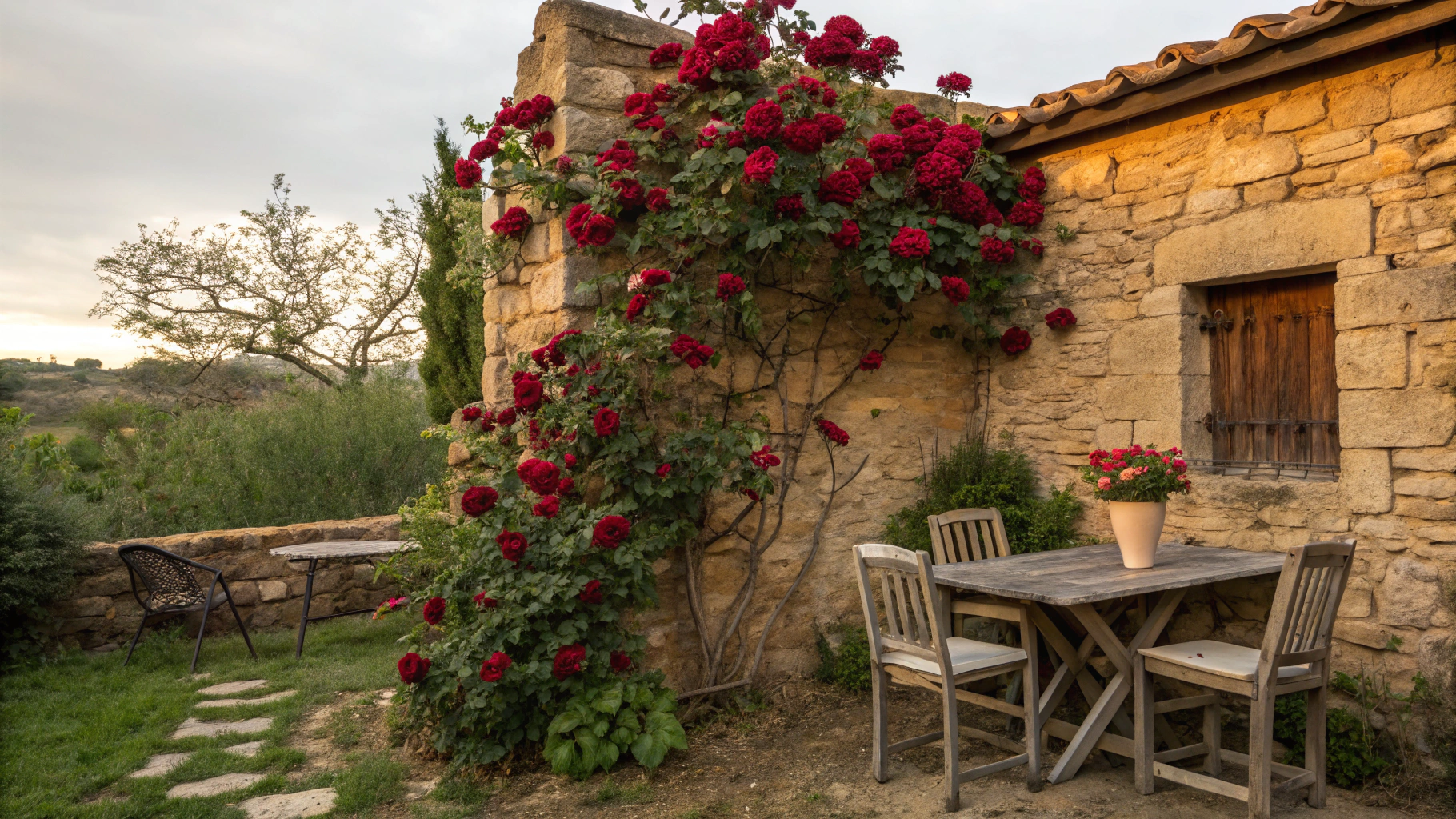 AI generated image by Red Panda AI: "Imagen fotorrealista de un jardĂn rĂşstico en una masĂa catalana. En primer plano, un imponente rosal 'Chrysler Imperial' de flores rojo oscuro y fragancia intensa, trepando por una pared de piedra tĂpica de la masĂa. A un lado, una mesa de madera envejecida con dos sillas a juego; sobre la mesa, un florero que contiene tres rosas reciĂ©n cortadas del mismo rosal. La escena se sitĂşa al atardecer de una tarde primaveral, con la luz dorada del sol realzando los colores y texturas, y el jardĂn de fondo complementando la composiciĂłn."