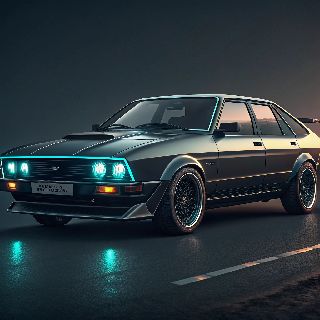 AI generated image by Red Panda AI: Crea imagen de automovil inspirado en un rediseño del Ford Taunus fastback de los 80 pero con estilo moderno para 2030, con llantas deportivas. color oscuro brillante, cubiertas talón bajo, luces led.