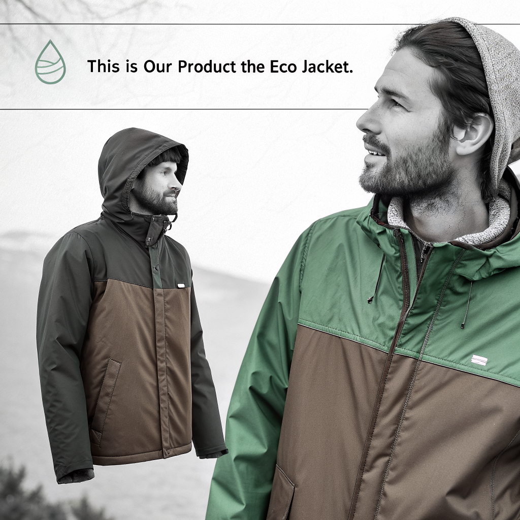 AI generated image by Red Panda AI: i want this to look like an amazon advertisemenrt: This is our product: the Eco Jacket. It is a jacket for cold and rainy weather. You can wear it when you go out of town or go shopping.
It is green and brown and it has a simple design. It is made from recycled plastic, so it is planet-friendly. We reuse materials and we do not throw away plastic.
You can find it in small, medium and large. It is warmer than other jackets and it is the most eco-friendly jacket in the shop.
It is very comfortable and not expensive. It is a good choice and it costs £25.
I want all the text to appear and for it to be in white and black image