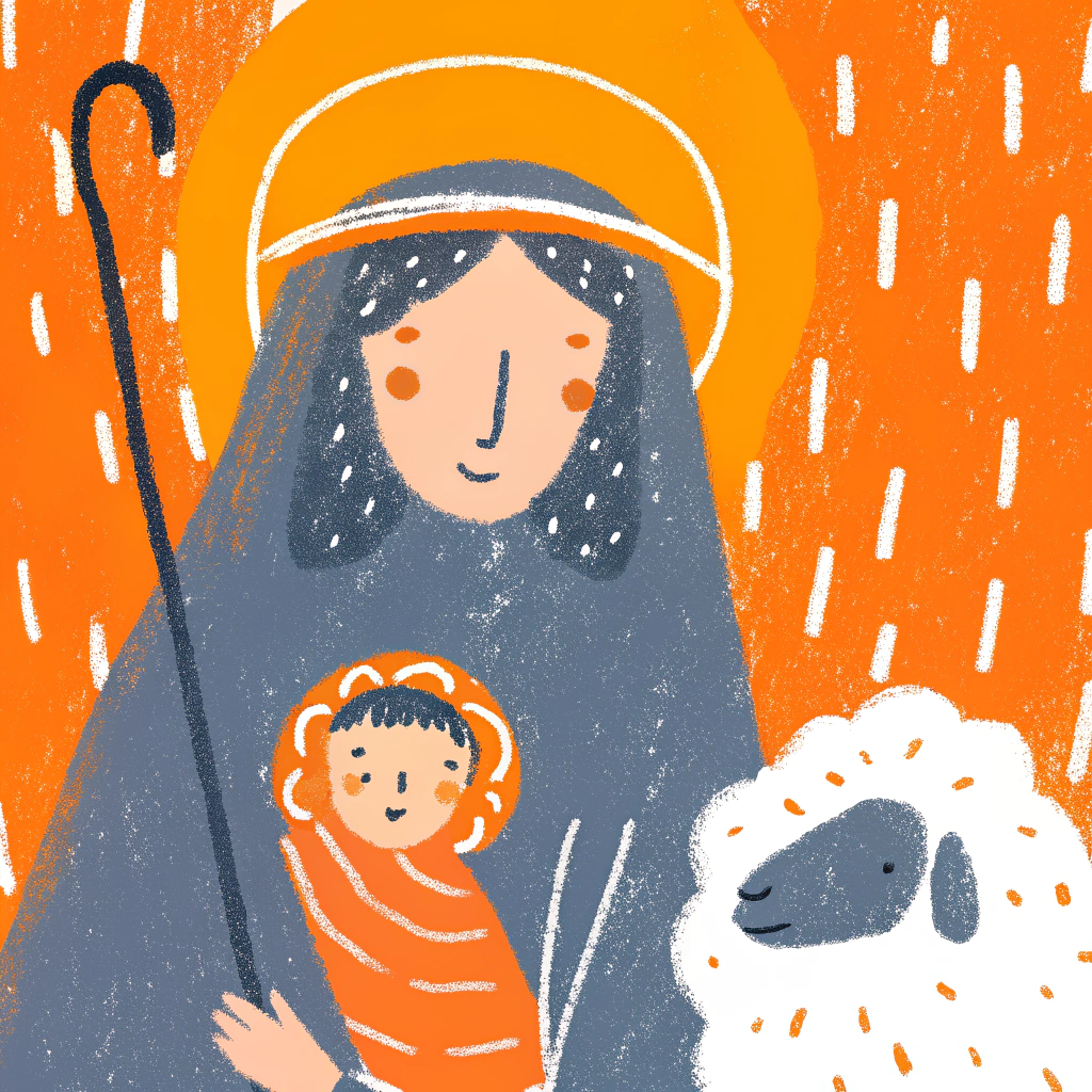 AI generated image by Red Panda AI: imagen tipo vector art de virgen maria con sombrero en la cabeza y baston en sus manos y el niño jesus en sus brazos, con una ovejas a lado fondo blanco