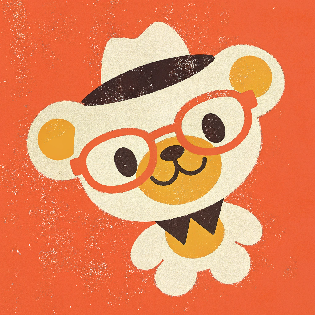 AI generated image by Red Panda AI: create a character of a teddy bear who has a hat and red glasses, he is very nice and when you look at him he makes you smile
