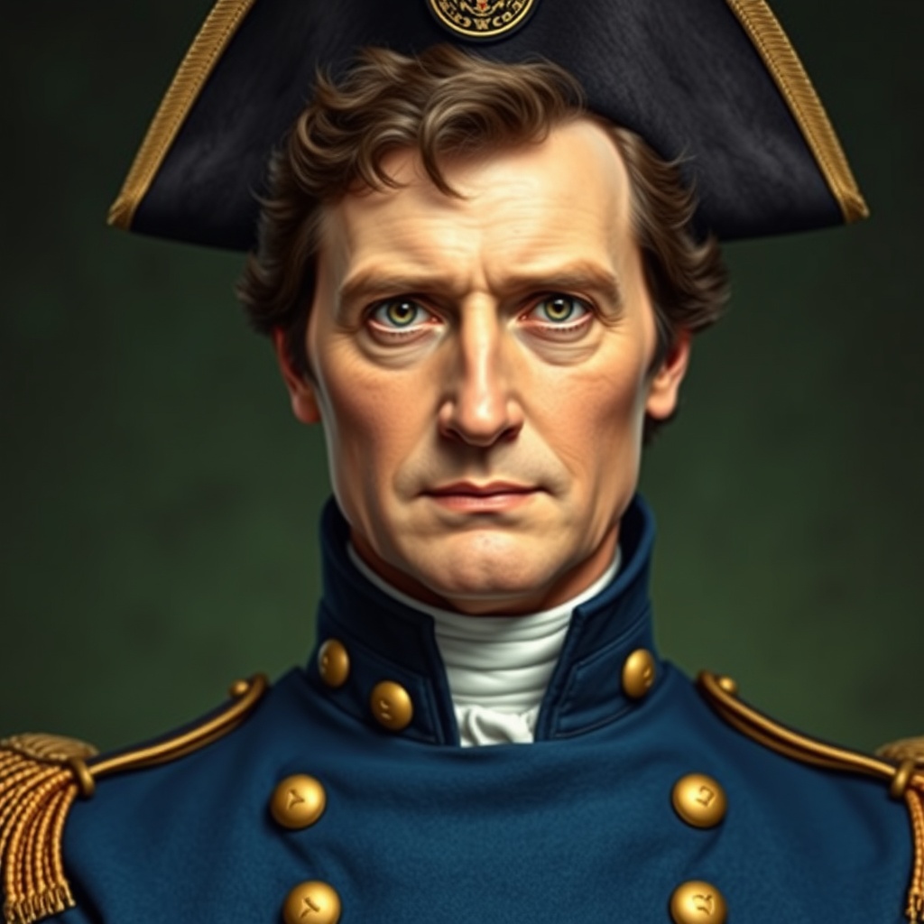 AI generated image by FLUX.1-schnell: Create an ultra-realistic, high-resolution photographic image. Ultra-realistic and detailed high-resolution portrait of Napoleon Bonaparte, photographic style, natural light. Napoleon has a strong, determined face, with penetrating eyes and an expression of calculation and ambition. His hair is dark brown, styled short and with soft waves. Fair complexion with slight wrinkles on the forehead and clean-shaven. He wears his iconic blue military uniform with gold buttons, epaulettes on the shoulders and a black bicorne hat with the imperial insignia. The pose is firm, with his hand inside his coat or holding a map. Green background. He looks directly at us, straight into our eyes. Photograph, 16:9