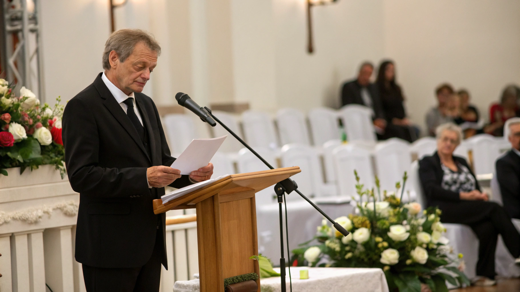 AI generated image by Red Panda AI: Ein europäischer Mann im schwarzen Anzug hält von einem Pult aus eine Ansprache für die Gäste einer Beerdigung.