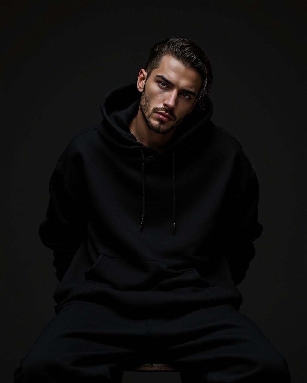 AI generated image by FLUX.1-pro: A streetwear editorial portrait. The person is sitting on a chair backwards, with the chest resting on the chair's back and arms casually draped over the top of the chair. Posture is relaxed but confident, with a calm, dominant, slightly gang-style energy. Wearing an oversized black hoodie with soft fabric and natural folds, and black baggy pants with a loose silhouette. No brand logos, clean and minimal styling. Head slightly tilted downward a bit, Eyes half-open with a serious, distant, unbothered expression. Not smiling. Hair is slicked back, slightly long on top with natural texture. Beard is short with a clean 0-fade upper beard line, tapered near the cheeks. Neck fade clean and gradual. Lighting: dark cinematic, soft shadows, hyperrealistic skin texture. Background: simple neutral or studio environment (not distracting). Keywords: streetwear editorial, backward chair pose, calm dominant energy, oversized hoodie, baggy pants, slicked back hair, 0-fade beard, hyperrealistic, cinematic portrait, unbothered look, confident stillness.