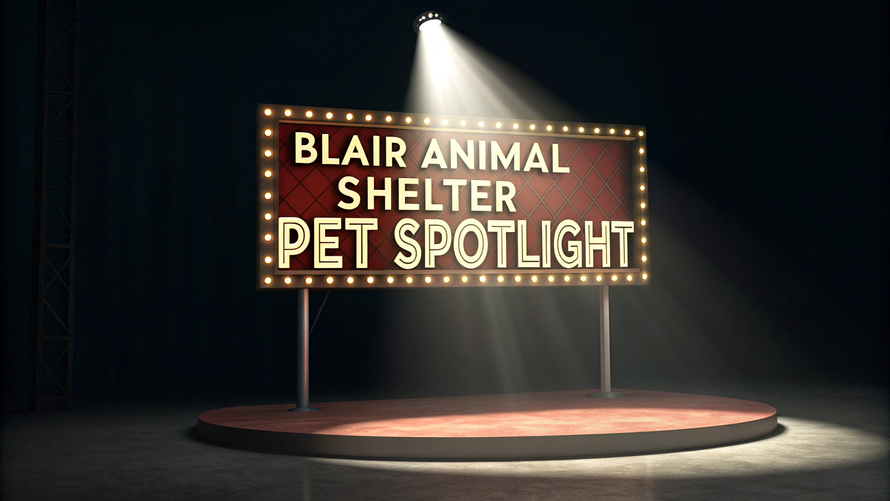 AI generated image by Red Panda AI: Spotlight shines down on stage. A lighted sign reads "Blair Animal Shelter Pet Spotlight"