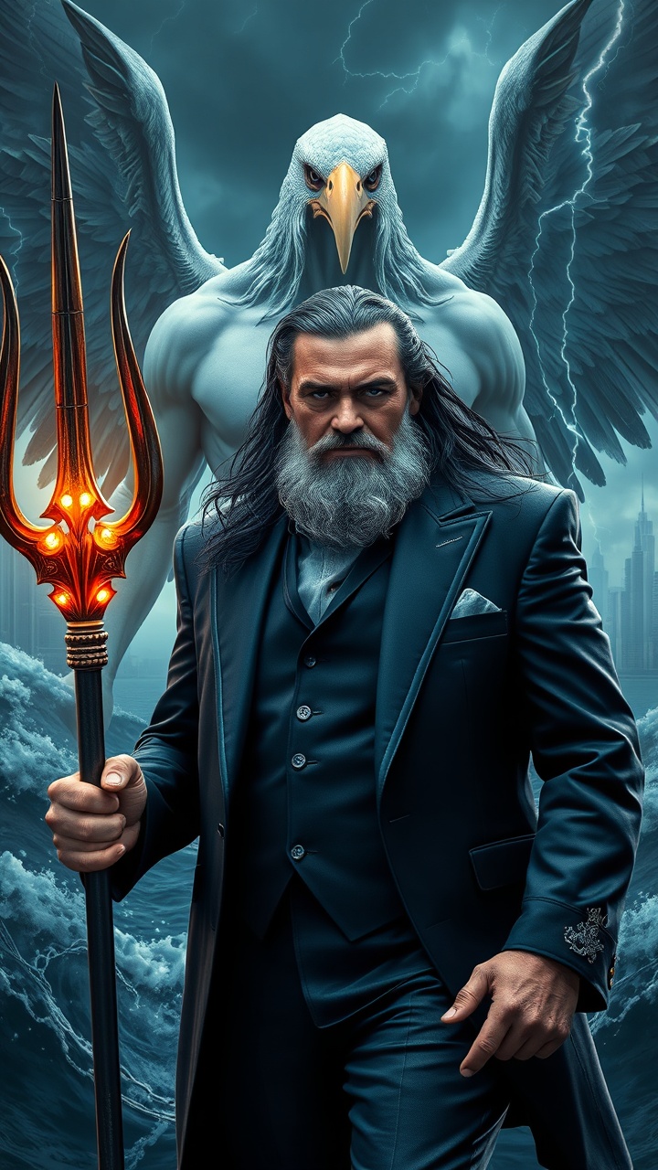 AI generated image by FLUX.1-schnell: Full body hyper-realistic cinematic artwork of Poseidon in dark mafia style. Strong older man with long dark hair and beard, piercing blue eyes, wearing a navy suit with silver embroidery, holding a glowing trident. Behind him emerges a giant muscular sea-bird hybrid with humanoid torso, dripping wings of water and lightning. Full body shot, ocean storm and gothic city backdrop, ultra-detailed cinematic realism.