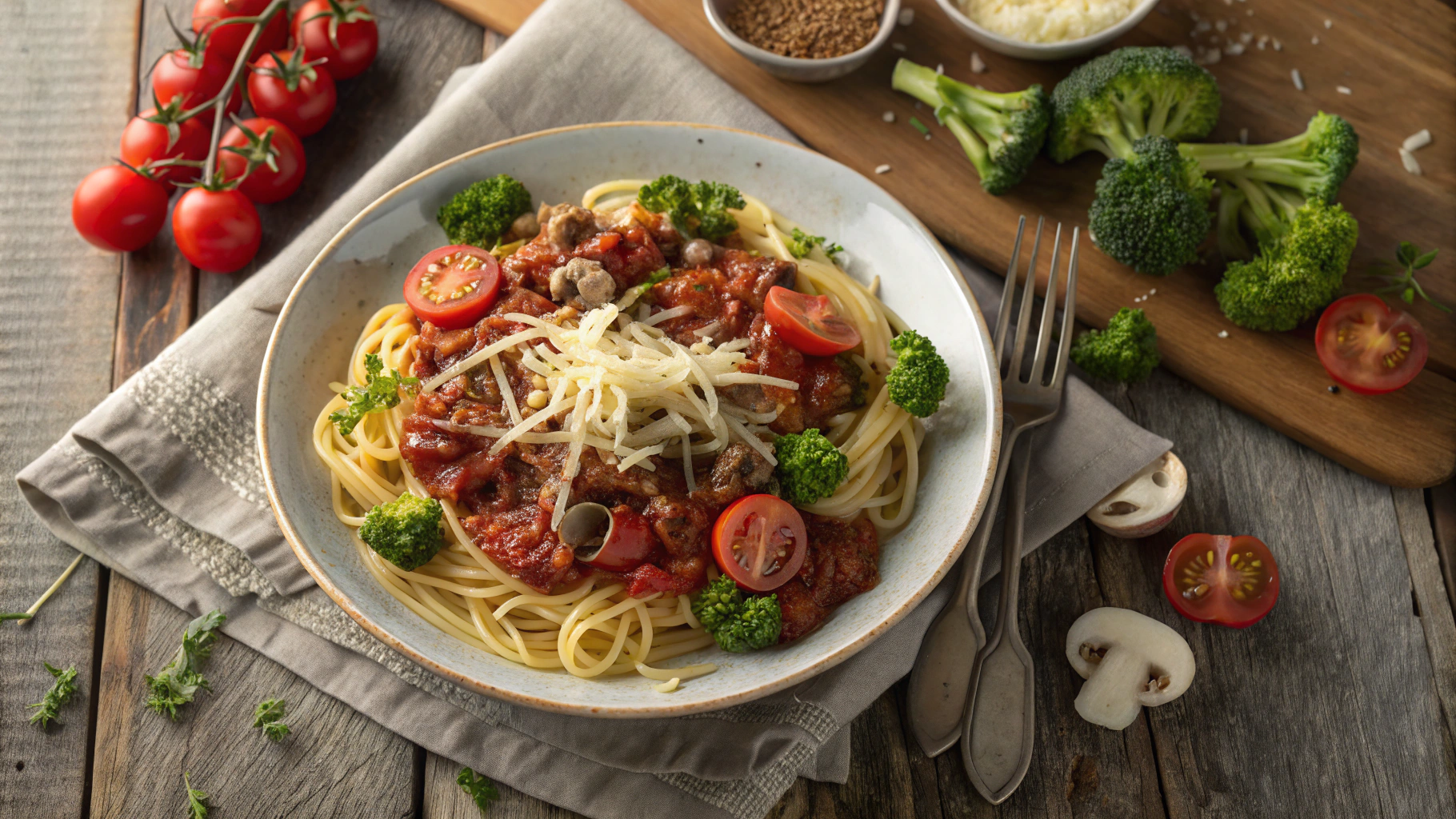 AI generated image by Red Panda AI: A plate of Italian pasta with ground beef and red sauce, garnished with fresh cherry tomatoes, sautéed mushrooms, and tender-crisp broccoli florets. The dish is topped with melted cheese and fresh herbs. Professional food photography style, overhead view, soft natural lighting, on a rustic wooden table, 8k, hyperrealistic, color grading
