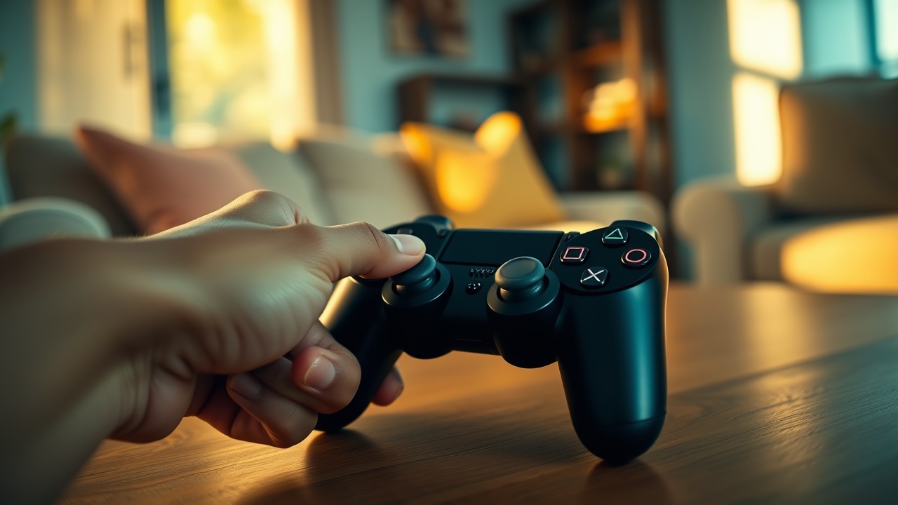AI generated image by FLUX.1-schnell: "A tightly framed cinematic shot of an 18-year-old boy’s hand (youthful but slightly calloused, clean short nails, light golden skin tone) reaching in from the left side of the frame to pick up a standard black PS3 DualShock controller resting on a wooden coffee table. The controller appears in pristine condition—matte finish with glossy buttons, no visible wear—reflecting subtle warm morning light on its curves.
The background dissolves into an ultra-soft bokeh (ƒ/1.2), retaining just enough detail to imply a lived-in living room: a smudged streak of a cream-colored sofa, the faint glow of a sunlit window, and indistinguishable shapes of shelves or wall art. The warm morning sunlight (leaning golden-orange) bleedslightly into the cool shadows of the room, creating a soft teal-and-amber color contrast.
Key Details:
Foreground (Razor-Sharp Focus):
Hand: Relaxed but purposeful grip, fingers slightly curled, veins subtly visible.
Controller: Centered on the table, aligned diagonally for dynamic composition.
Table Surface: Smooth walnut wood, faint grain texture barely visible under shallow depth of field.
Background (Extra Blur, but Recognizable):
Living Room Hints: A sofa’s blurred armrest, a distant TV screen’s glow, a vague plant silhouette.
Lighting: Warm morning sun (left side) vs. cool ambient shadows (right side).
Atmosphere: A single dust mote floating in a sunbeam for added realism.
Cinematic Style:
Camera: 85mm portrait lens (medium compression).
Aperture: ƒ/1.2 (extremely shallow DoF).
Color Grading:
Warm highlights (sunlight on skin & controller).
Cool shadows (soft teal undertones in blurred BG).