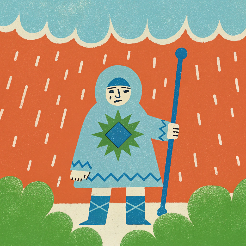 AI generated image by Recraft V3: Dark Fantasy.Manga style.Colored.early medieval.Women.Citizen of small early medieval sity.Her clothes make from rags but are warm for deep winter. Yellow stormy sky. Heavy snowfall