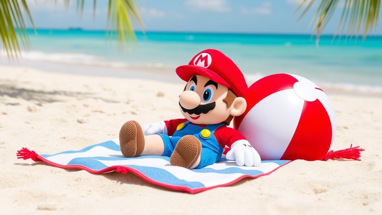 AI generated image by FLUX.1-schnell: Mario Plush Beach Red Towel Beach Ball
