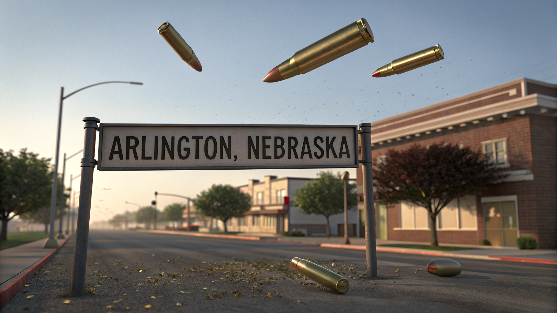 AI generated image by Red Panda AI: bullets flying over a sign that reads "Arlington, Nebraska", daytime