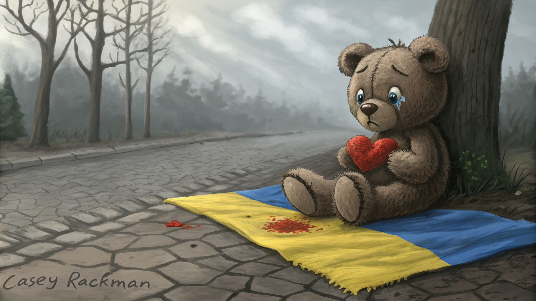 AI generated image by Red Panda AI: Stunning hyperrealistic painting by Casey Rackman . A deeply emotional and evocative illustration of an abandoned teddy bear. The bear sits sadly on a Ukrainian flag on a cracked cobblestone path, his small, frayed paws clinging to a shattered, scarlet heart. The bear's tearful eyes, reflecting the suffering he has experienced, hold a haunting gaze on a distant, melancholic landscape. The overall atmosphere of the painting is somber, but powerfully conveys the depth of the bear's sadness. The painting is hand signed by "Casey Rackman.", photo, illustration, 3D rendering, fashion, conceptual art