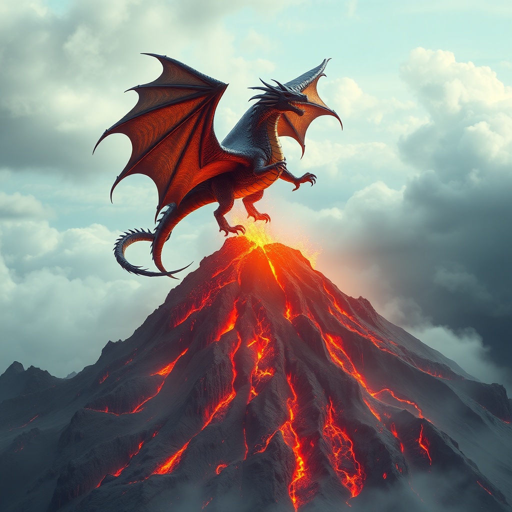 AI generated image by FLUX.1-schnell: crea una imagen de Dragón volando sobre un volcán, arte conceptual de fantasía, ultra detallado, 8K