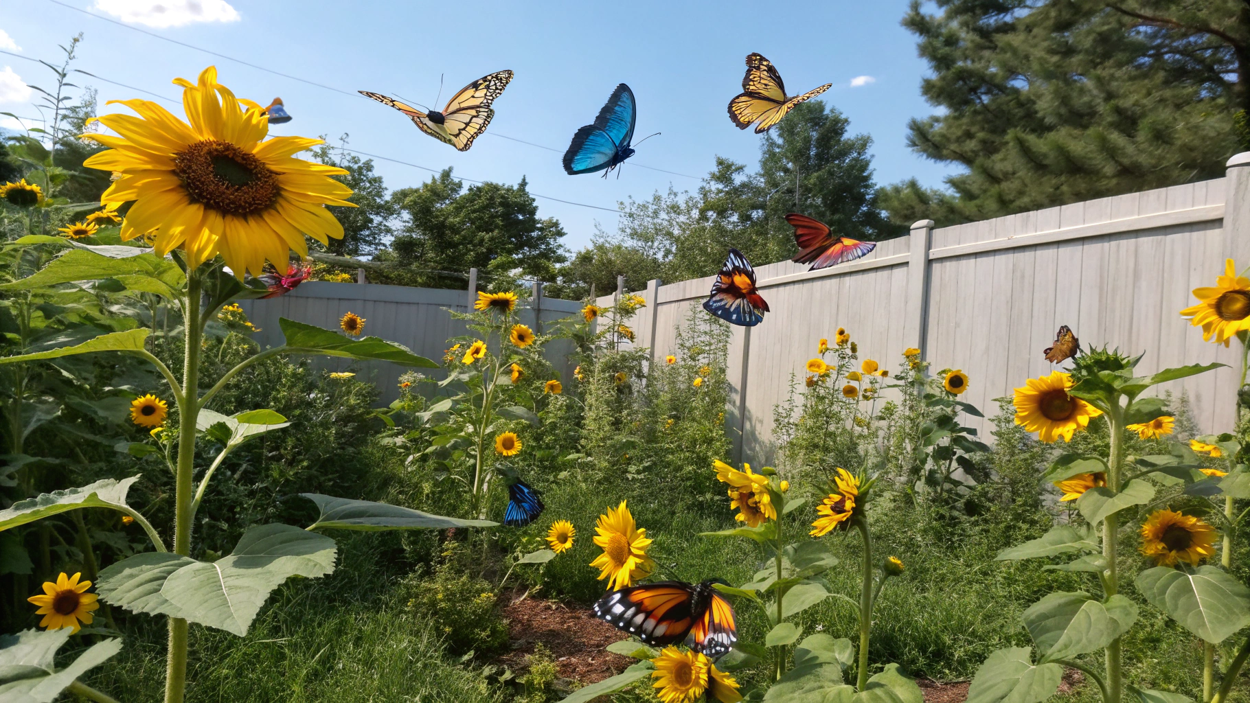 AI generated image by Red Panda AI: A panoramic view of a beautiful sunflower garden with pretty colorful butterflies flying arround and standing on the sunflowers in the backyard